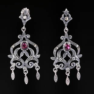 Silver Earrings: Title: Silver EarringsDescription: Earrings in European silver, with amethysts and zirconiasDate/Period: 20th centuryMaterials: SilverWeight: 8,33 grams | 0,29 ozDimensions: 5,5 cm | 2,2 inches 