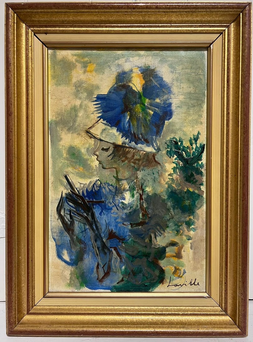 1960's French Signed Oil Portrait of Young Lady in Blue Hat Modernist Style: Title: 1960's French Signed Oil Portrait of Young Lady in Blue Hat Modernist Style Description: Henri Laville (1916) 'La femme en bleu', cira 1960's signed oil on canvas, framed framed: 20.5 x 15 inch