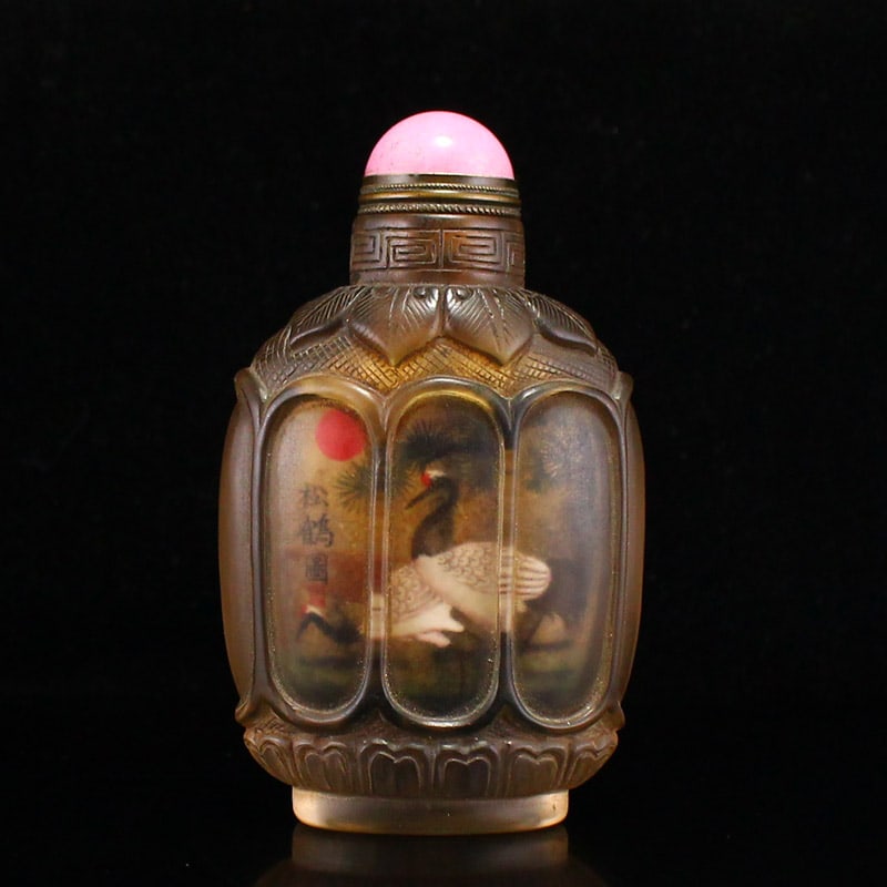 Chinese Peking Glass Inside Painting Crane & Pine Tree Snuff Bottle (1 of 6)