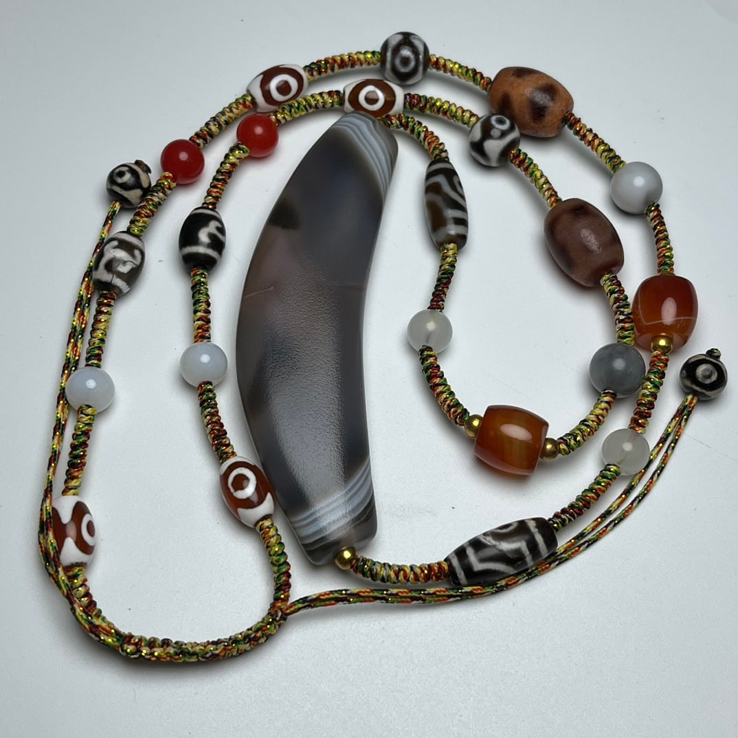 Tibetan Agate Pendant w Necklace: Title: Tibetan Agate Pendant w Necklace Date/Period: -- Origin: -- Dimension: 90x22(mm) 3.54x0.87(inches) Materials: Agate Reserve: $80.00 Shipping: Domestic: Shipping rates are determined by destinat