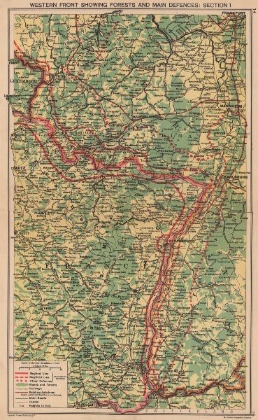 WORLD WAR 2. Maginot & Siegfried line defences. Pre-invasion of France 1940 map: Title: WORLD WAR 2. Maginot & Siegfried line defences. Pre-invasion of France 1940 map Description: Western Front showing forests and main defences: Section 1' by George Philip & Son (March 1940). Vin