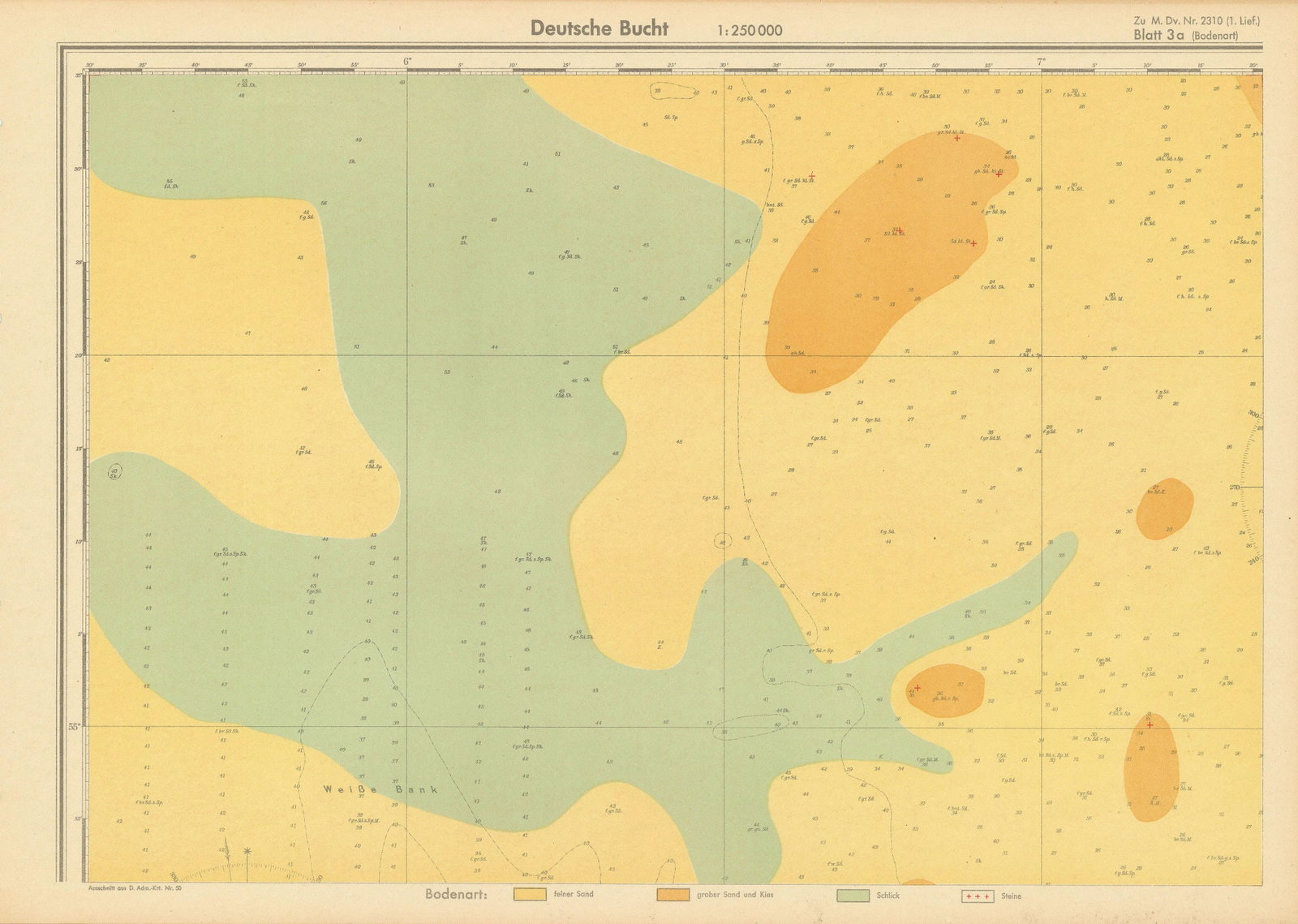 3a. German Bight north. North Sea. KRIEGSMARINE Nazi map 1940 old vintage: Title: 3a. German Bight north. North Sea. KRIEGSMARINE Nazi map 1940 old vintage Description: Blatt 3a. Bodenarte. Deutch Bucht [Sheet 3a. Soil type. German Bight] by 0 (Undated but circa 1940). Vinta