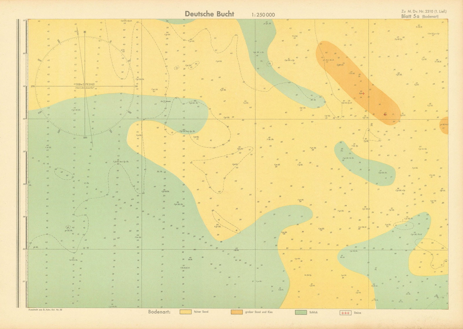 5a. German Bight centre. North Sea. KRIEGSMARINE Nazi map 1940 old vintage: Title: 5a. German Bight centre. North Sea. KRIEGSMARINE Nazi map 1940 old vintage Description: Blatt 5a. Bodenarte. Deutch Bucht [Sheet 5a. Soil type. German Bight] by 0 (Undated but circa 1940). Vint