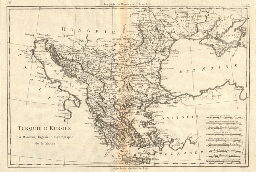 Turquie d’Europe. Turkey in Europe. Greece & the Balkans. BONNE 1790 old map: Title: Turquie d’Europe. Turkey in Europe. Greece & the Balkans. BONNE 1790 old map Description: Turquie d’Europe [Turkey in Europe] by Rigobert Bonne (1790). Antique 18th century copperplate map,