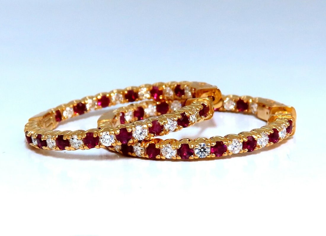 3.64ct natural Ruby diamonds hoop earrings 14kt yellow gold inside out + (1 of 6)
