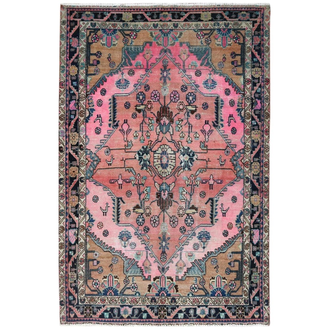 Abrash Pink Hand Knotted Vintage Persian Hamadan Worn Wool Rug (1 of 7)