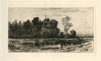 Robert Swain Gifford original etching "Evening": Medium: original etching. This is a rich, dark impression on wove paper, printed in 1885 for the Sylvester R. Koehler portfolio of etchings and published by Cassell & Company. Plate size: 5 x 8 3/4 in