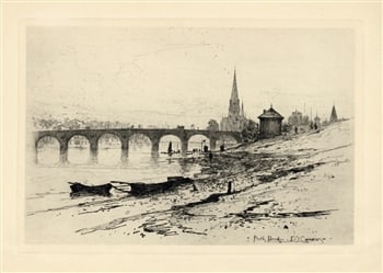 David Young Cameron "Perth Bridge" original etching: Medium: original etching. Catalogue reference: Rinder 28. Executed in 1889; this is a fine, dark impression on wove paper from "The Portfolio" edition, published in London by Seeley, Jackson & Hallida