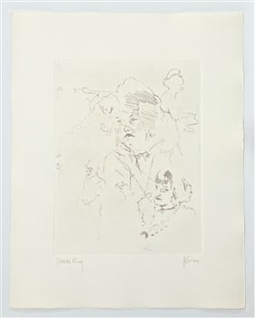Jack Levine signed original etching "Tunbridge Girls with McHeath in Flight": Medium: original soft ground etching. Signed in pencil and annotated "Artist's Proof". Printed in 1967 for the Dreigroschen Film portfolio and published by Touchstone Publishers. This is one of 10 art