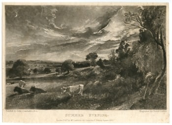 John Constable mezzotint "Summer Evening": Medium: mezzotint (engraved by David Lucas after the John Constable painting). This impression was printed in 1831 on laid paper for the "English Landscape" series. Image size: 5 1/2 x 8 1/2 inches (1