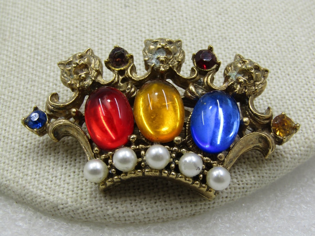 Vintage Crown Brooch, Rhinestones, Faux Pearls, Lion Heads, 1940's-1950's (1 of 1)