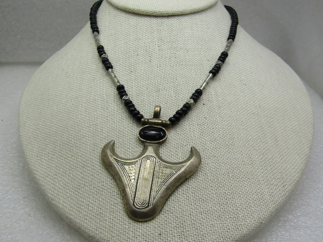 Vintage Black Glass Beaded Tribal/ethnic Necklace, 18", Signed (1 of 1)