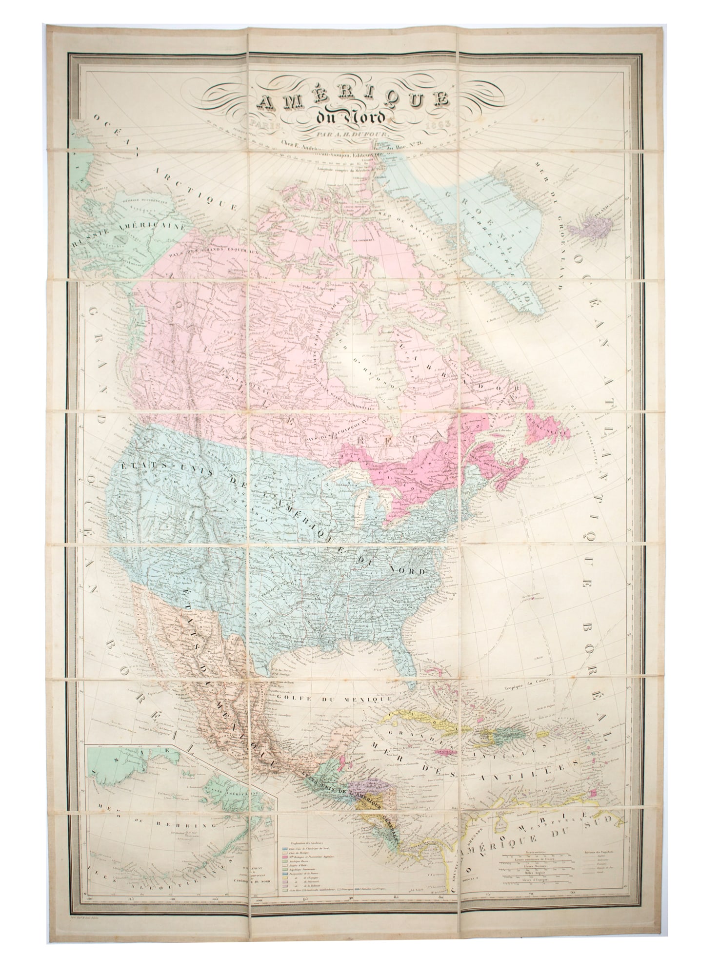 Large Antique French 1863 A.H.Dufour Map of North America Linen back (1 of 6)