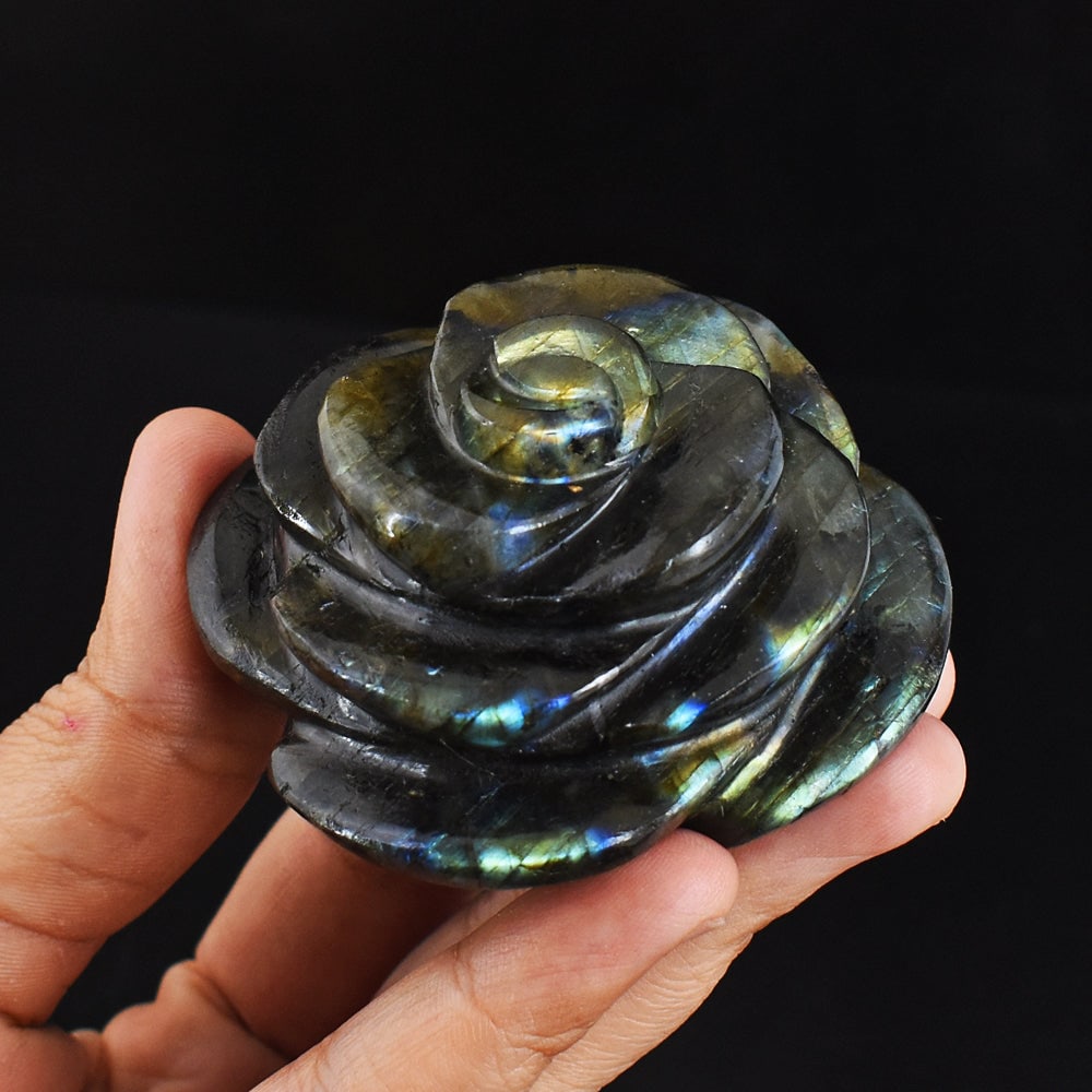 856.00 Carats Golden & Blue Flash Labradorite Carved Gemstone Crystal Rose Flower Carving (1 of 3)
