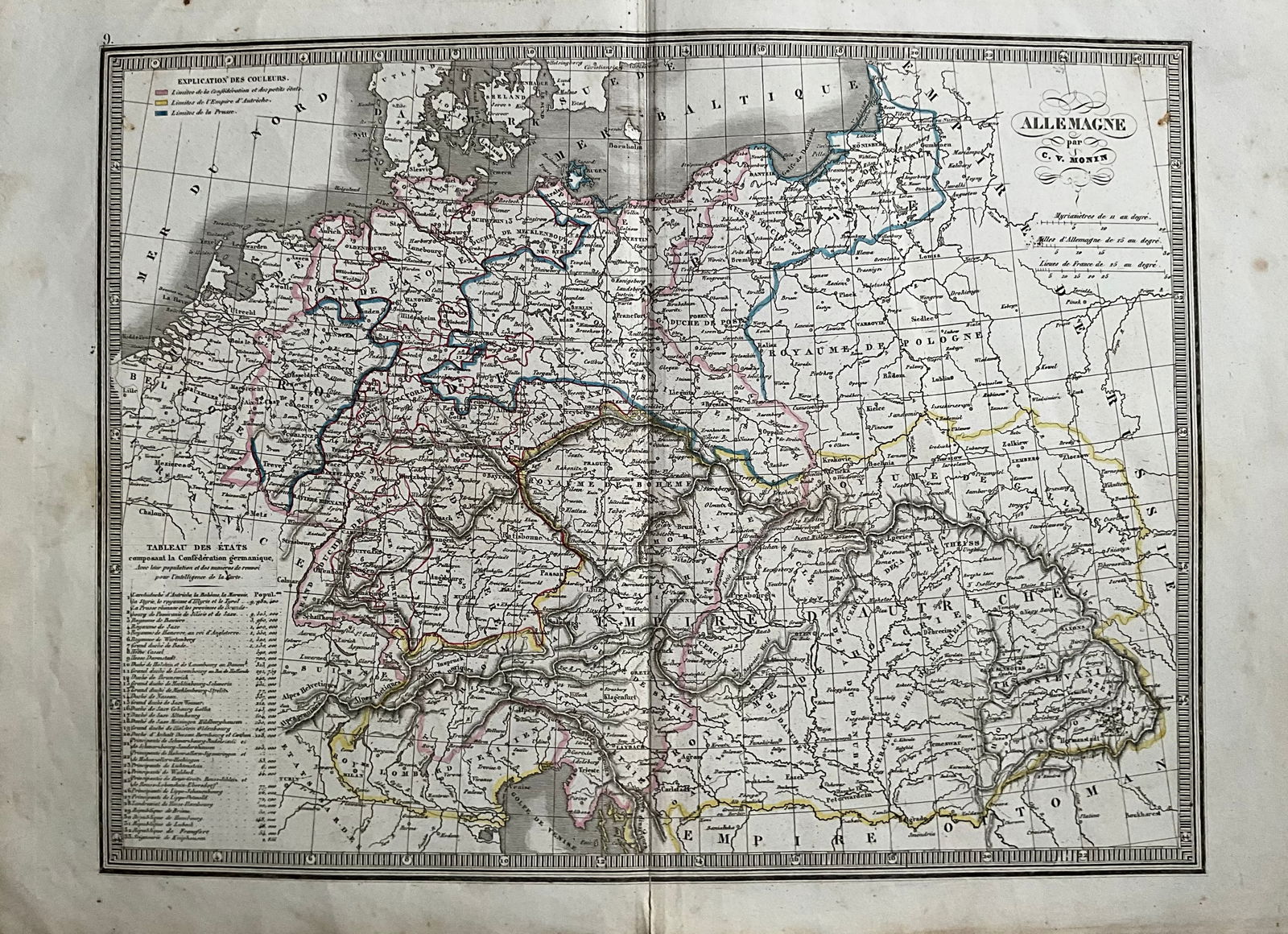1839 Map of Germany and Central Europe by Monin: Title: 1839 Map of Germany and Central Europe by Monin Date/Period: 1839 Materials: Hand colored, engraved Size: 17 1/2” x 12 1/2” Germany and all of Central Europe. Including the Austrian