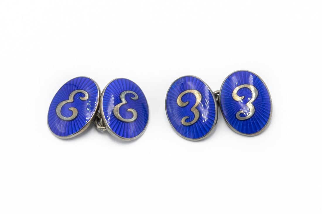 Estate Sterling Silver and Enamel Engine Turned Cufflinks by Asprey (1 of 2)