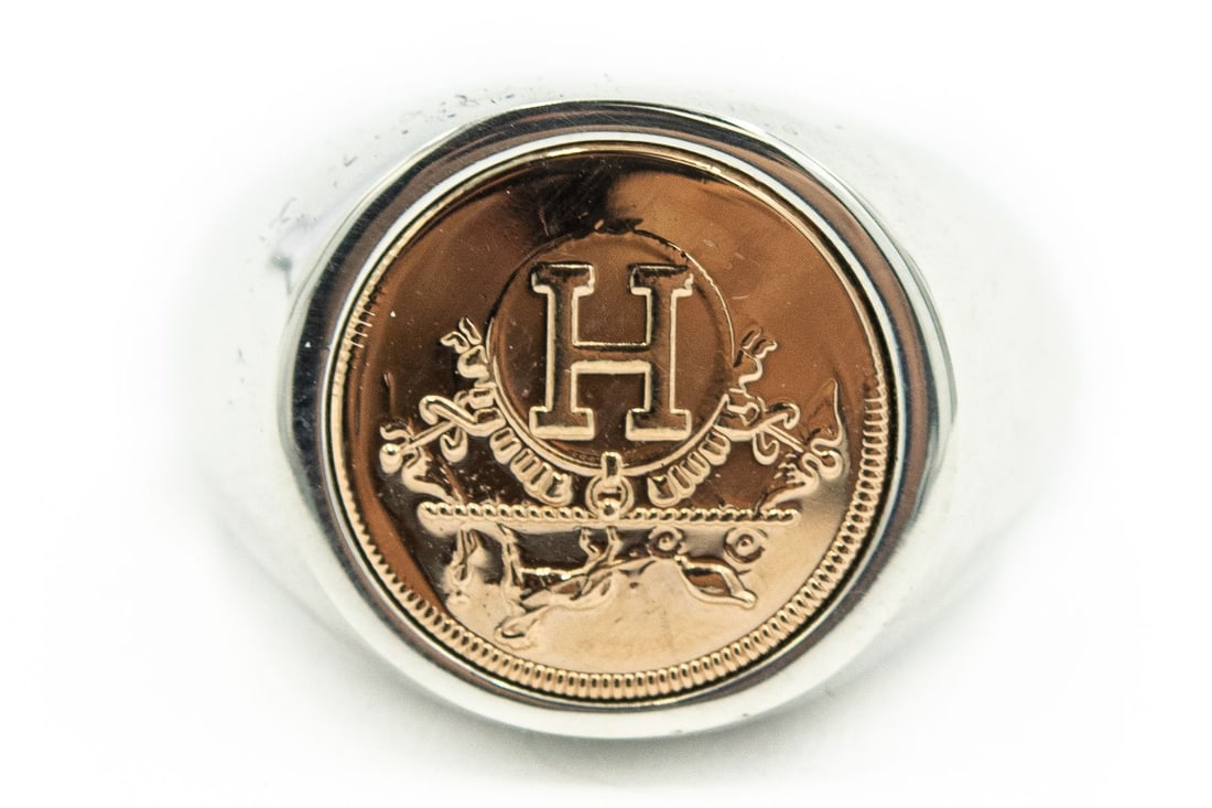 Estate Hermes Sterling Silver and Gold Ex-Libris Signet Ring (1 of 5)