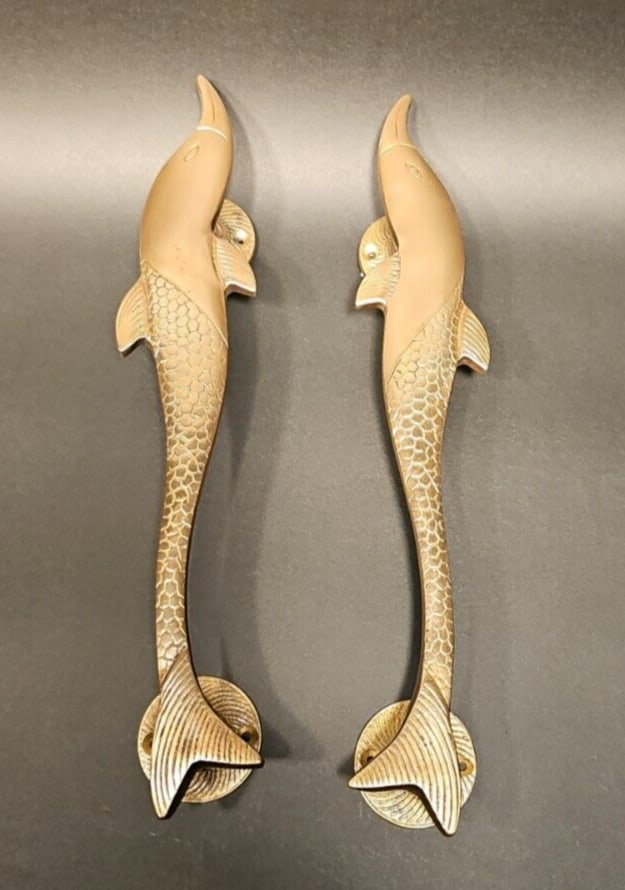 (2) 12" Solid Brass Door Gate Large Fish Dolphin Handles (1 of 20)