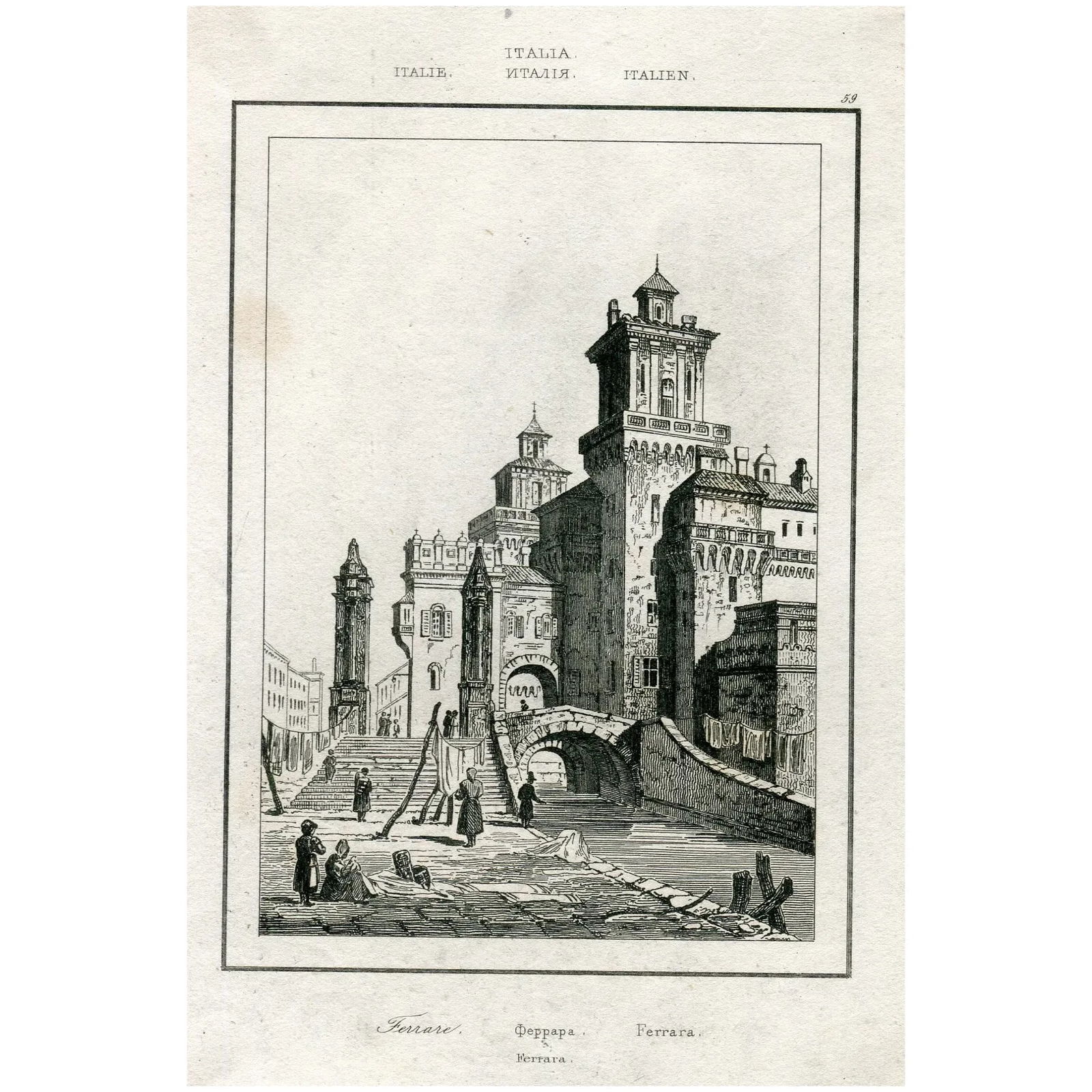 1840. Ferrara, Italy.: Ferrara, Italy. Artist: after Samuel Prout (1783 - 1852). Media: steel engraving. Production date: 1840. Stuck to paper. Siez: 13x18,5 cms. Condition: good.; Ferrara, Italy. Artist: after Samuel Prout