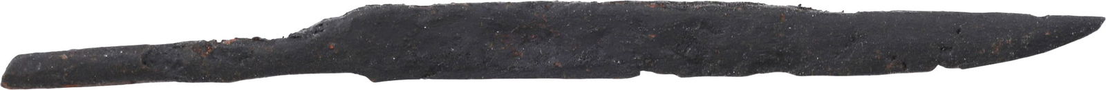 ANCIENT VIKING SIDE KNIFE OR POUCH KNIFE, 879-1067 AD: Cambridgeshire, England. Just under 4 1/4” total length (4.20”) with tapered “whittle tang” which identifies these, as they were used without guards, mounted in a wood or antler gr