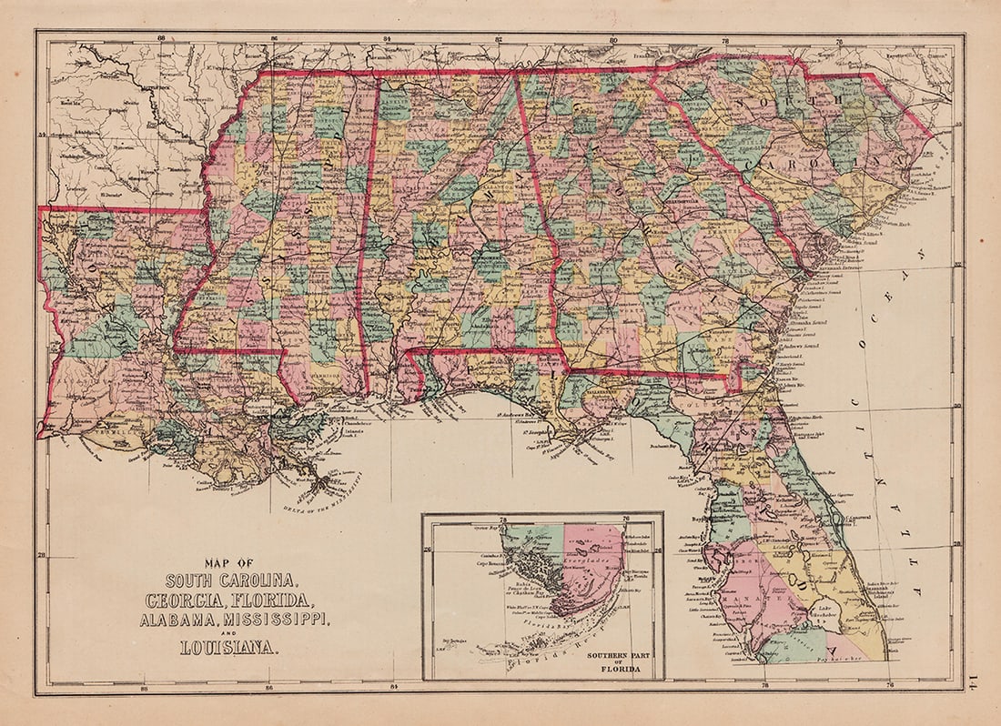 Scarce vintage map of the Deep South, 1875 (1 of 6)
