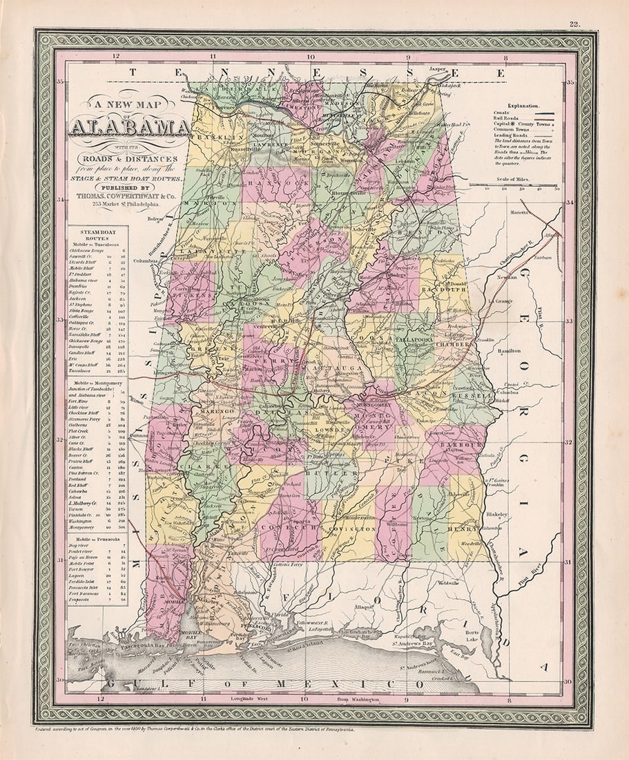 Scarce 1850 RR and steamboat route map of Alabama (1 of 5)