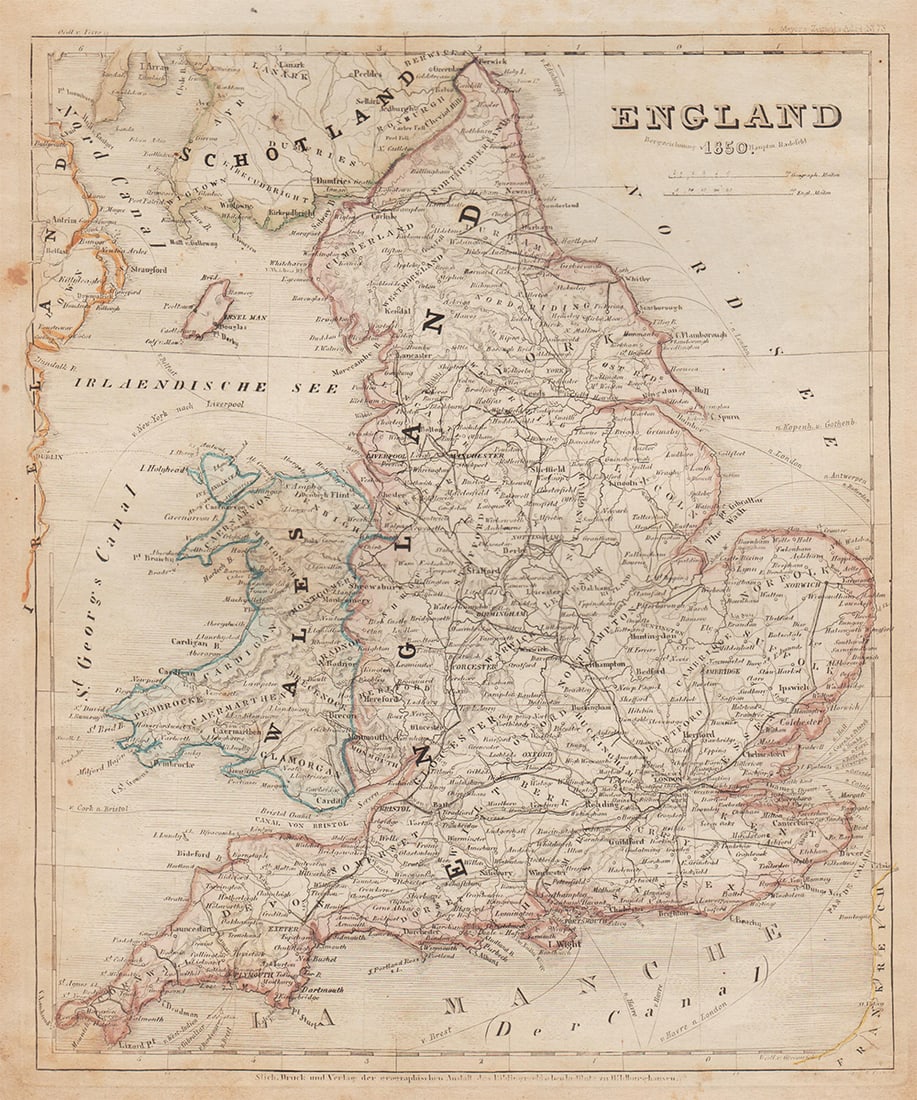 Detailed map of England from Meyer’s 1850 Zeitung’s Atlas (1 of 2)