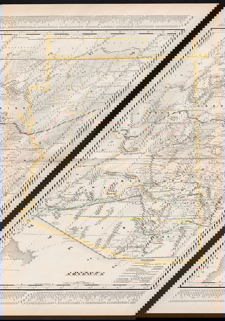 RR map of Arizona from scarce 1898 Cram’s Atlas. (1 of 4)