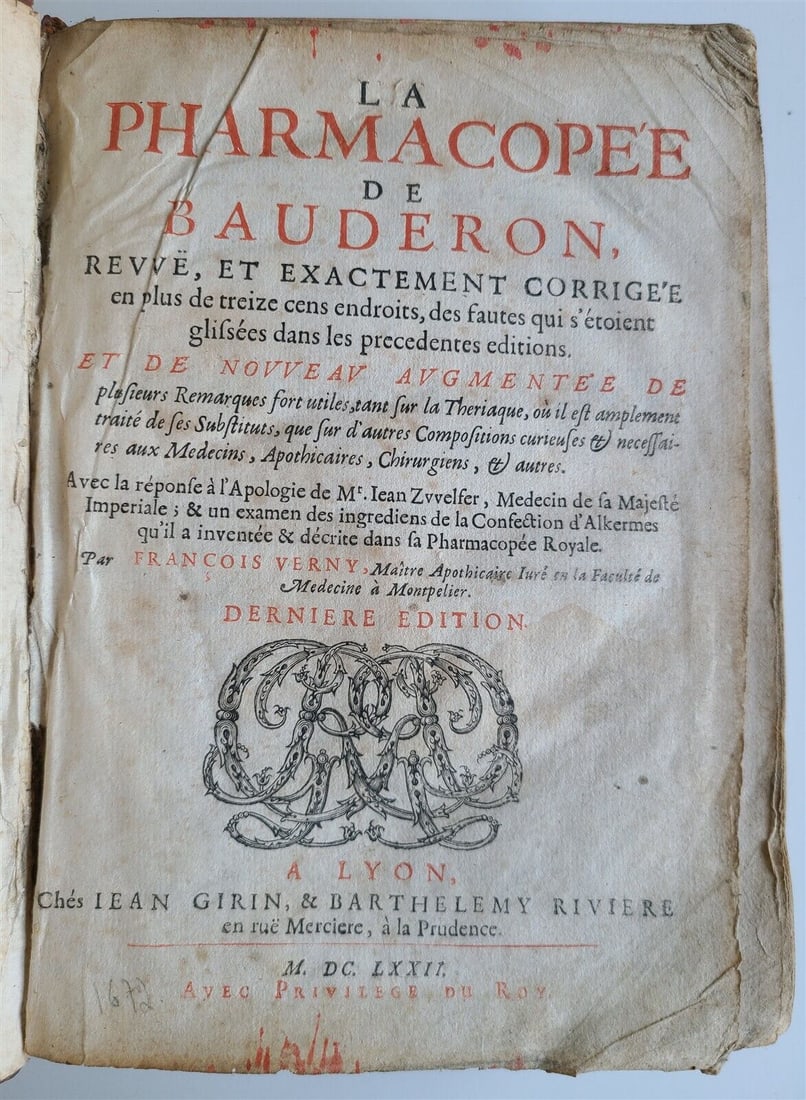 1672 PHARMACOPEIA by BAUDERON antique 18th century French manual of pharmacology (1 of 8)