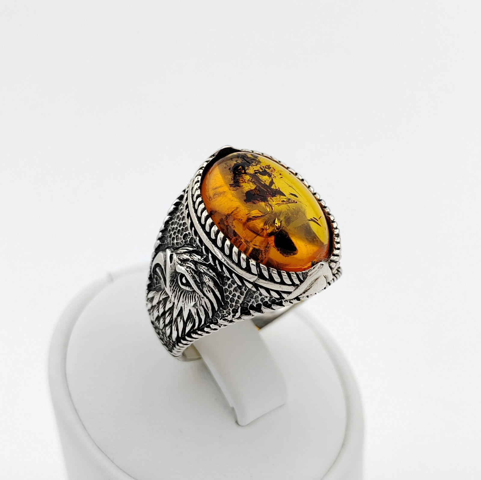 925 Silver Eagle Men's Ring with Baltic Amber (1 of 10)