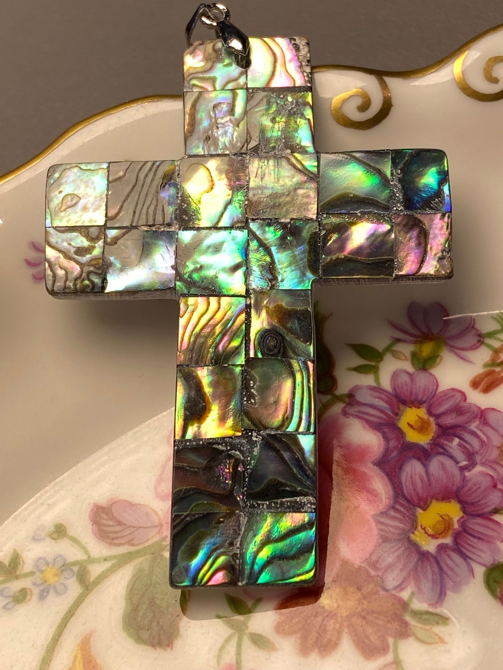 Large Carved Rainbow Natural Abalone Shell Cross Pendant Necklace (1 of 7)