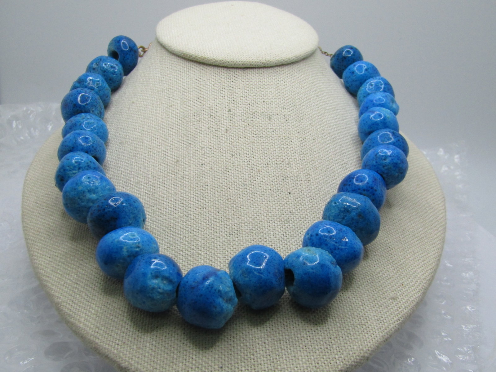 Vintage Glazed Hand Made Beaded Necklace, 19", 1940's-1960's: Vintage Glazed Hand Made Beaded Necklace, 19", 1940's-1960's. The beads are an aqua/turquoise glazed bead that are rustic, irregular shaped and hand made and range in size from appx. 16mm to 20mm with