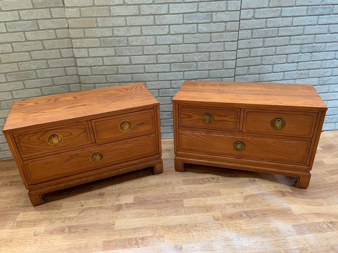 Asian Style Chinoiserie Davis Cabinet Company Side/End Tables Nightstands - Pair: Asian Style Chinoiserie Davis Cabinet Company Side/End Tables Nightstands with Brass Hardware - Pair Circa 1970 H 23" W 34 " D 16" Good condition Please be aware that all the it
