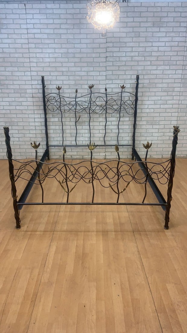 Vintage Modern Whimsical Hand Forged Steel & Brass Queen Bed Frame (1 of 11)
