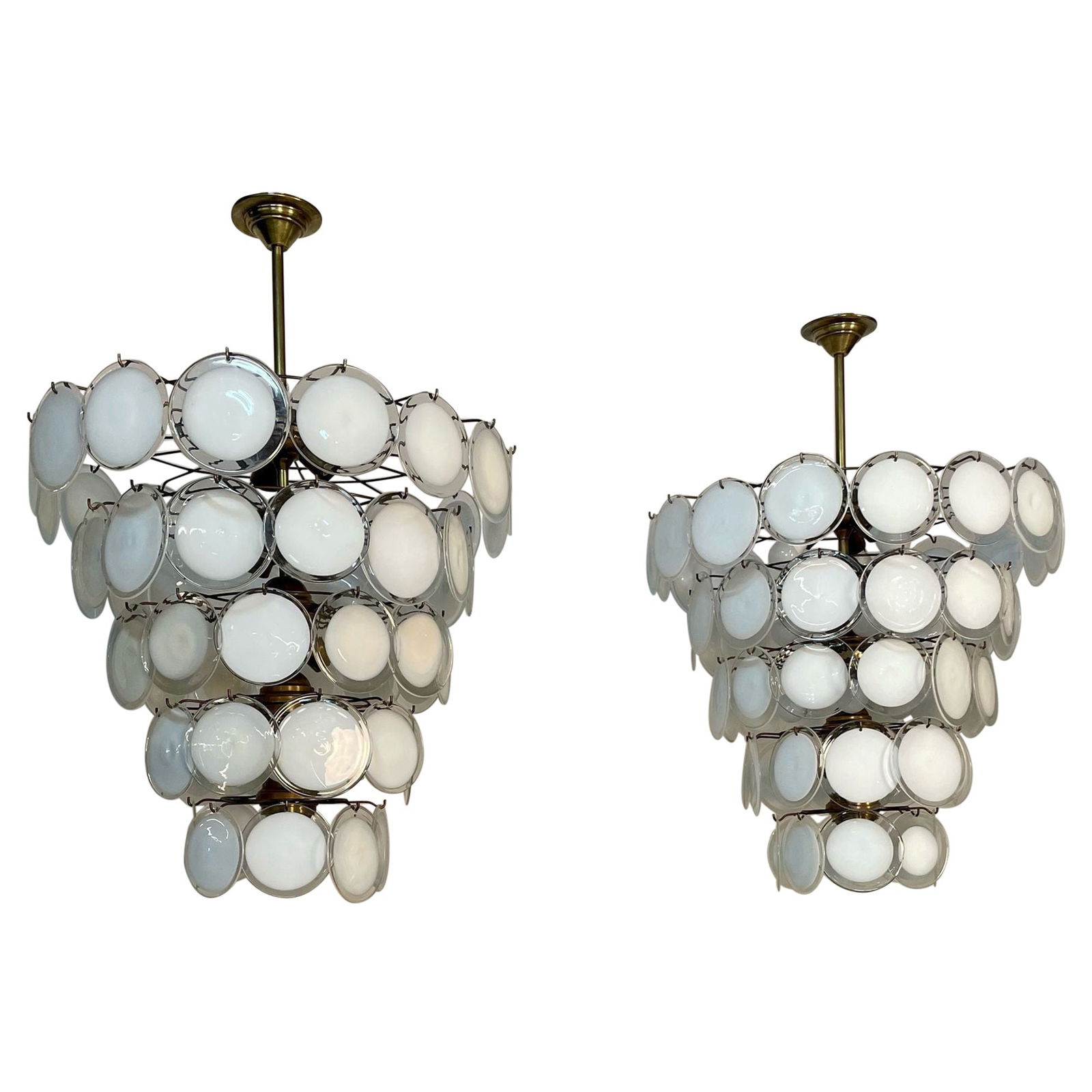 Pair of Murano Disc Mid-Century Modern Chandeliers, Antiqued Brass, New Wired: Title: Pair of Murano Disc Mid-Century Modern Chandeliers, Antiqued Brass, New Wired Description: Murano Disc Mid-Century Modern Tiered Chandelier, Antiqued Brass, New Wired, A Pair. Multiple Colors A