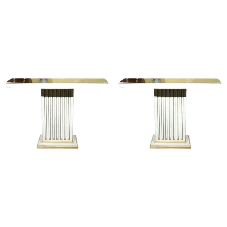 Jansen Eglomise Console Tables White Painted and Parcel Gilt Frieze, Pair: Title: Jansen Eglomise Console Tables White Painted and Parcel Gilt Frieze, Pair Description: A fabulous pair of console tables, circa 1950s, stamped Jansen, the verre eglomise glass atop white painte