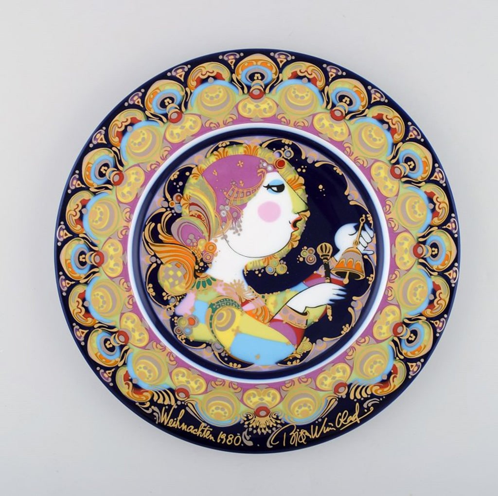 Rare hand-painted Rosenthal Bjørn Wiinblad Christmas plate from 1980. "Angel with chimes". (1 of 4)