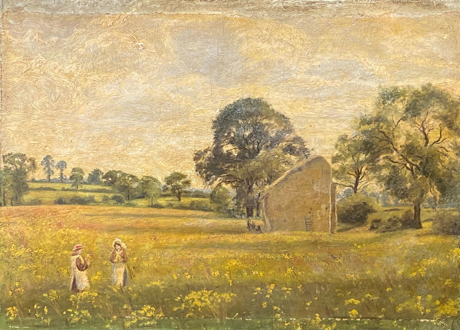 Impressionist Antique Painting Landscape - Two Girls Picking Flowers (1 of 18)