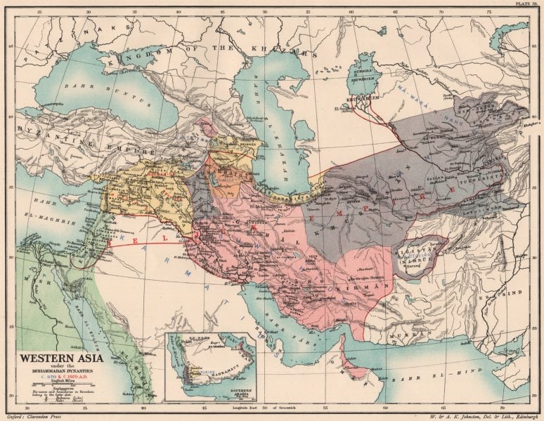 WESTERN ASIA 970-1070 AD. under the Mohammadan Muslim Dynasties 1902 old map: Title: WESTERN ASIA 970-1070 AD. under the Mohammadan Muslim Dynasties 1902 old map Description: Western Asia under the Mohammadan Dynasties C. 970 & C. 1070 A.D; Inset map of Southern Arabia' by Unsi