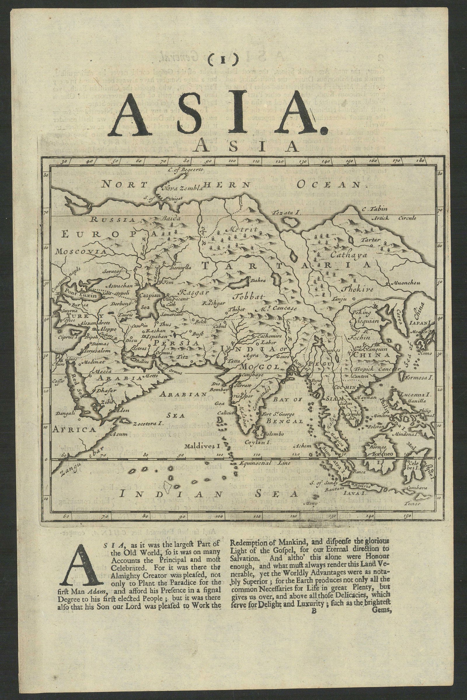Asia by Herman Moll. Great Wall of China. Mogol empire. Tartaria 1709 old map (1 of 1)