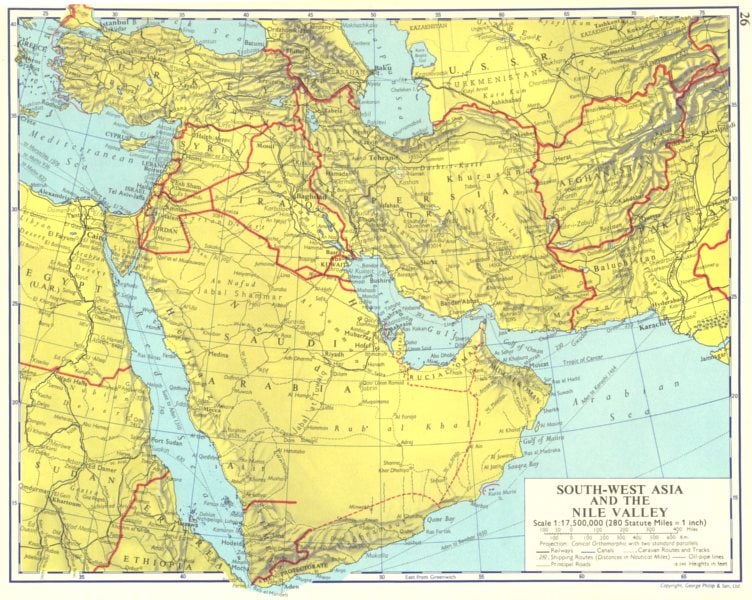 ASIA. South-West Asia and the Nile Valley Saudi Arabia Iran Iraq Oman 1962 map (1 of 2)