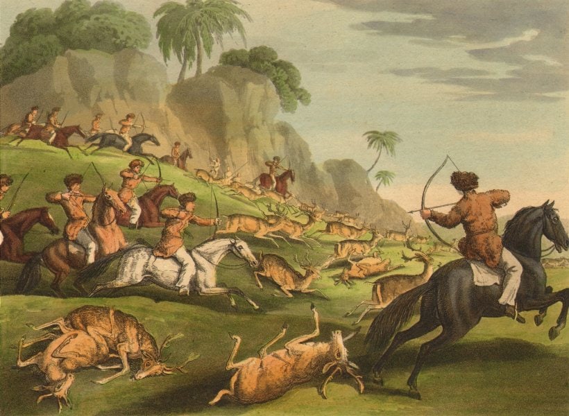 RUSSIA CENTRAL ASIA. Tartars Tatars hunting deer on horseback bows arrows 1814: Title: RUSSIA CENTRAL ASIA. Tartars Tatars hunting deer on horseback bows arrows 1814 Description: Tartars hunting Deer' by Howitt del; M Dubourg sculpt (1814). Antique aquatint print with original ha