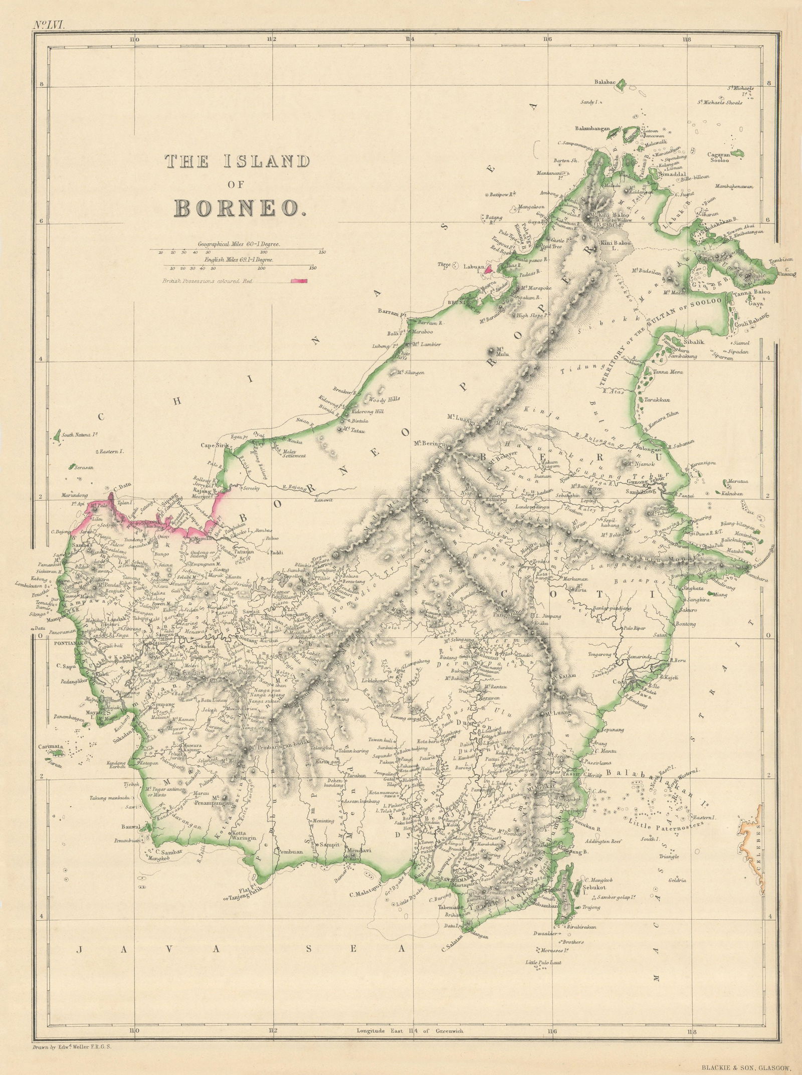 The Island of Borneo by Edward Weller. Sarawak Sabah Brunei Kalimantan 1860 map (1 of 1)