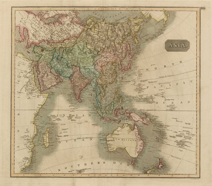 Asia on Gnomonic projection. Phantom Los Jardines islands. THOMSON 1817 map: Title: "Asia" on Gnomonic projection. Phantom Los Jardines islands. THOMSON 1817 map Description: Asia' by Drawn & engraved by John & George Menzies for John Thomson's "New General Atlas" (Published i
