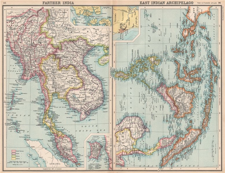 FRENCH INDOCHINA & DUTCH EAST INDIES Siam Burma Penang Manila Singapore 1912 map (1 of 2)