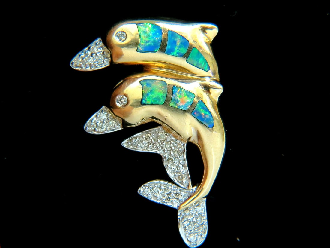 14KT .20CT DOLPHIN 3D NATURAL BRILLIANT OPAL DIAMOND BROOCH PIN+ (1 of 11)