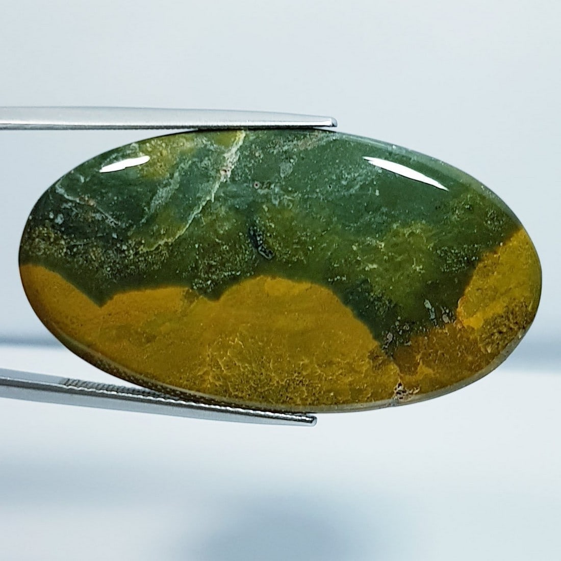 34.77 ctz Natural Occean Jasper: No Reserve! Title: 34.77 ctz Natural Occean Jasper Color/Clarity: Green & Yellow Gemstone: Ocean Jasper Carat Weights: 34.77 Size: 36.60 x 24.40 x 4.80 Additional Information: Fancy / Brazil Shipping: