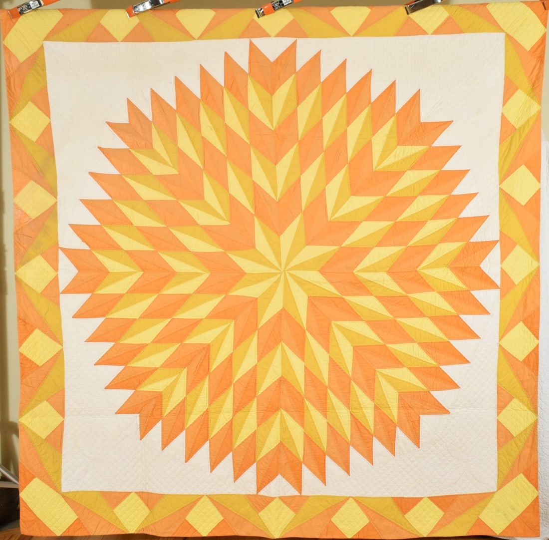 30's "Golden Dahlia" Quilt: Title: 30's "Golden Dahlia" Quilt Date: 1930's Origin: New England Material: Cotton Dimension [INCHES]: 80" X 82" Provenance: Cotton 30's "golden dahlia" quilt, all hand pieced and hand quilted, with 