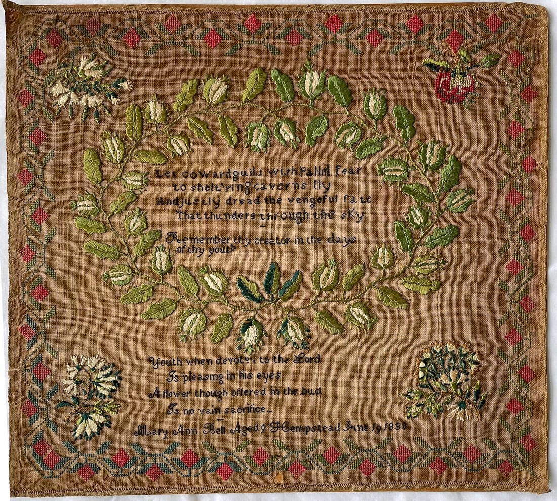 Hempstead, Long Island, Ny Needlework Sampler Dated 1838 Auction
