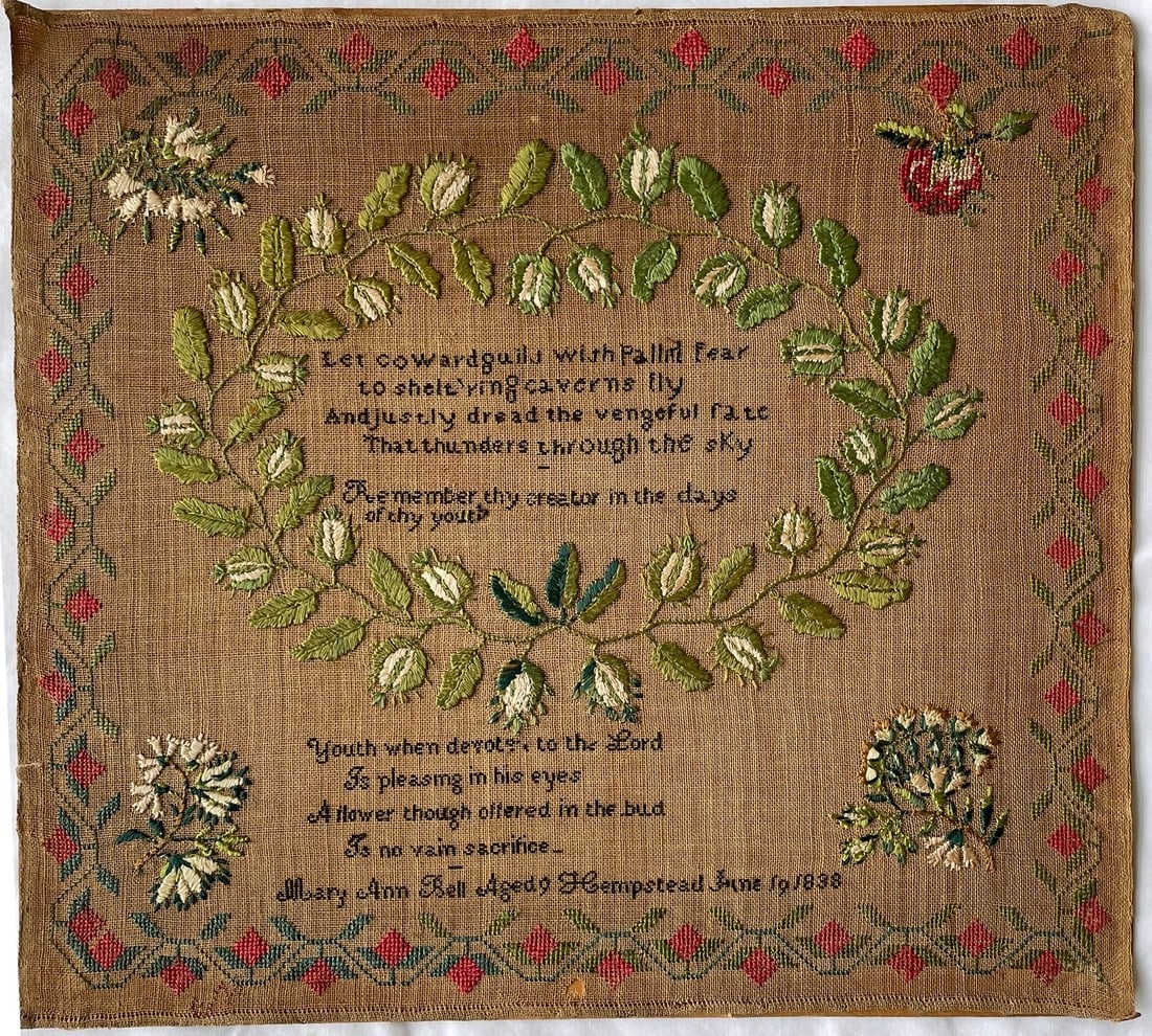 Hempstead, Long Island, Ny Needlework Sampler Dated 1838 Auction